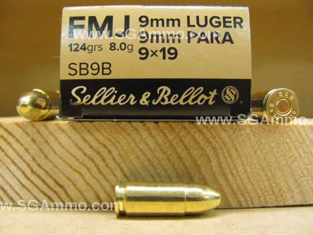 50 Round Box - 9mm Luger 124 Grain FMJ Sellier Bellot Ammo - SB9B